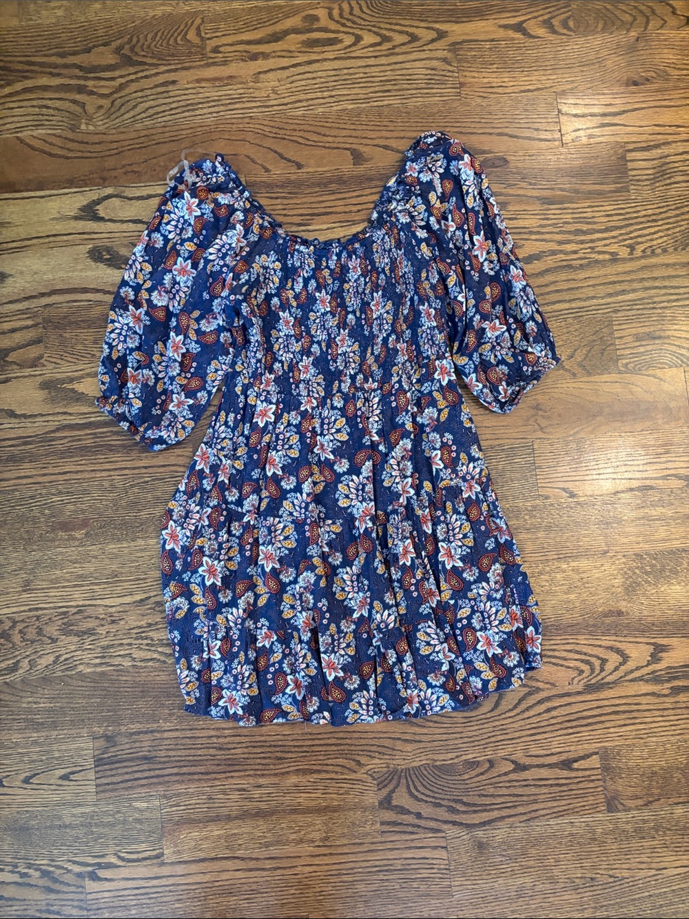 Angie Navy Floral Puff Sleeve Smocked Tunic
